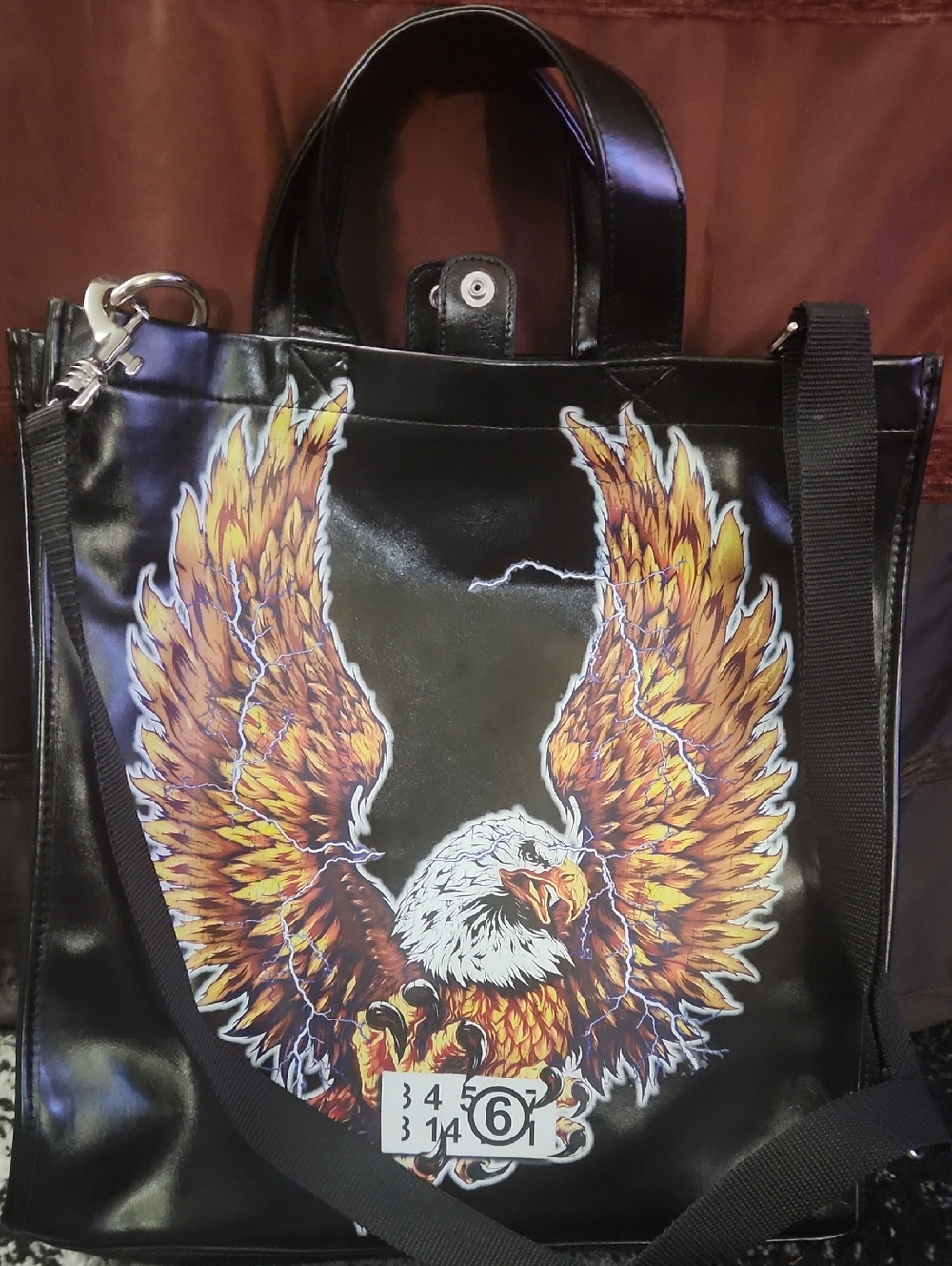 Maison Martin Margiela Black Messenger Bag with Orange and White Eagle Graphic